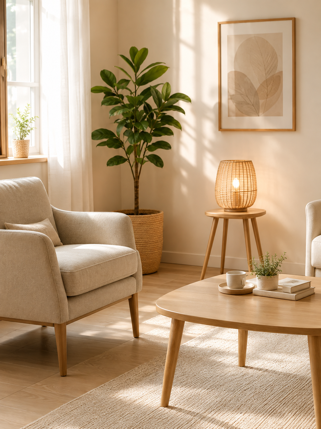 Intérieur de cabinet thérapeutique chaleureux avec fauteuil et plantes