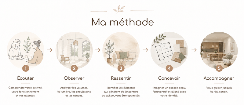 My method in 5 steps: Listen, Observe, Feel, Design, Support