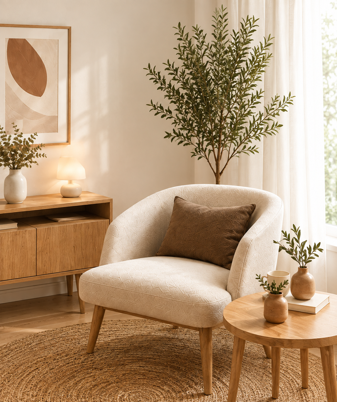 Environnement intérieur apaisant avec fauteuil et végétation — impact scientifique de l'espace sur le bien-être