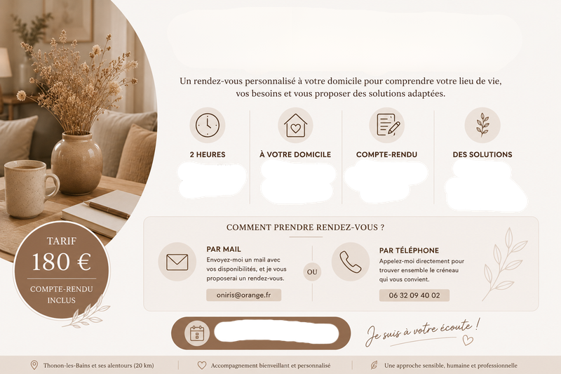 Book an appointment — 2 hours, at your home, written report included, 180 euros. By email at oniris@orange.fr or by phone at +33 6 32 09 40 02