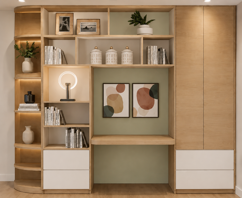 Visualisation 3D d'une bibliothèque sur mesure avec étagères en bois et coin lecture