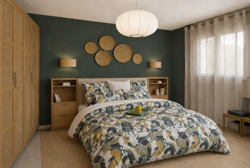 Visualisation 3D d'une chambre bohème avec textiles naturels et lumière tamisée