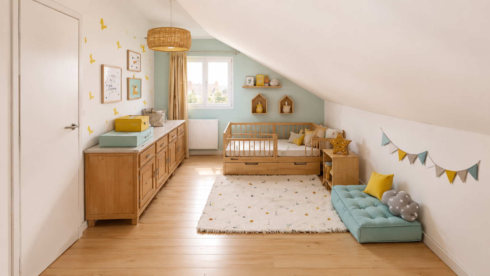 Visualisation 3D de chambres d'enfants colorées avec mobilier adapté et espaces de jeu