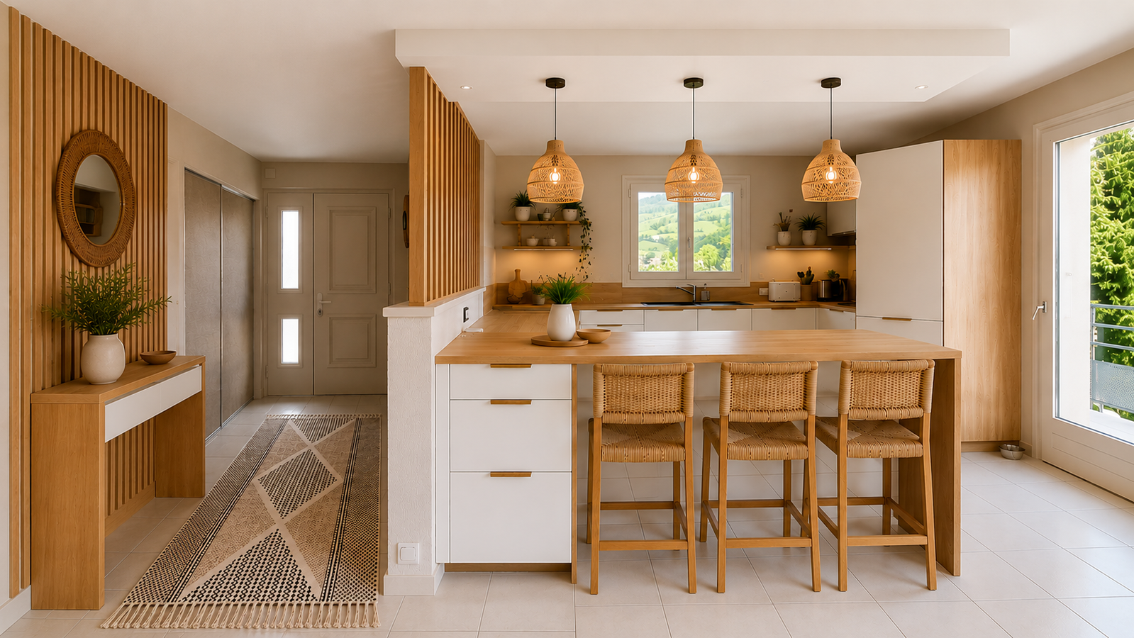 Visualisation 3D d'une cuisine ouverte moderne avec îlot central et matériaux naturels