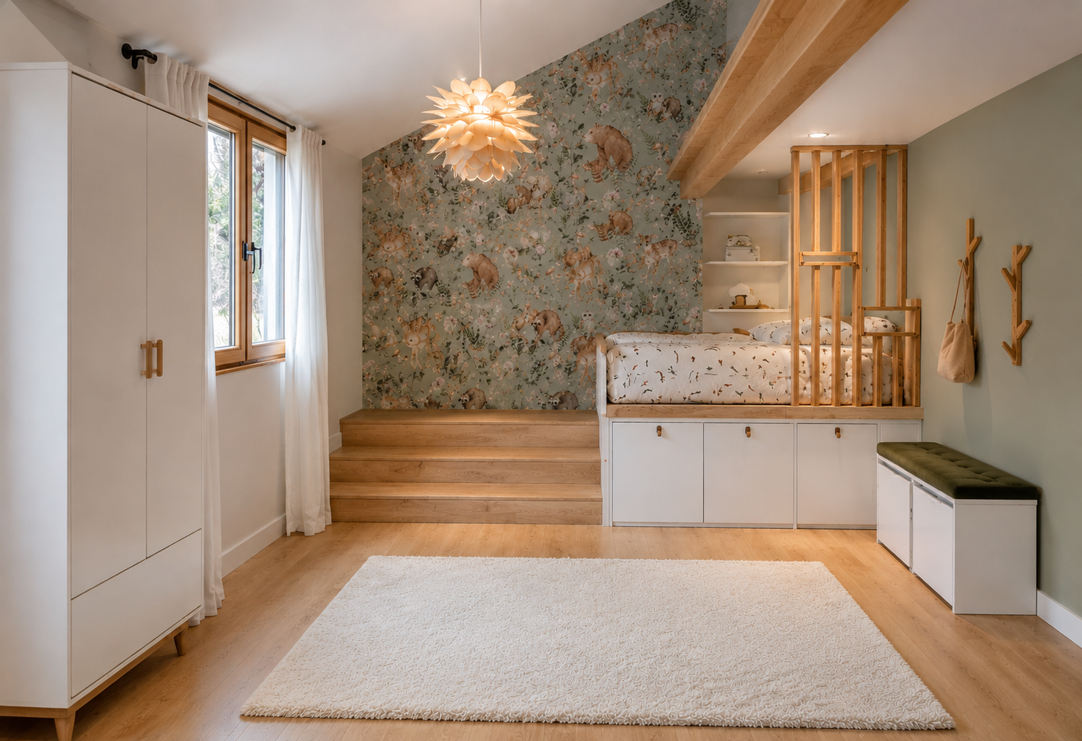 Visualisation 3D d'une chambre avec lit plateforme sur estrade en bois et rangements intégrés
