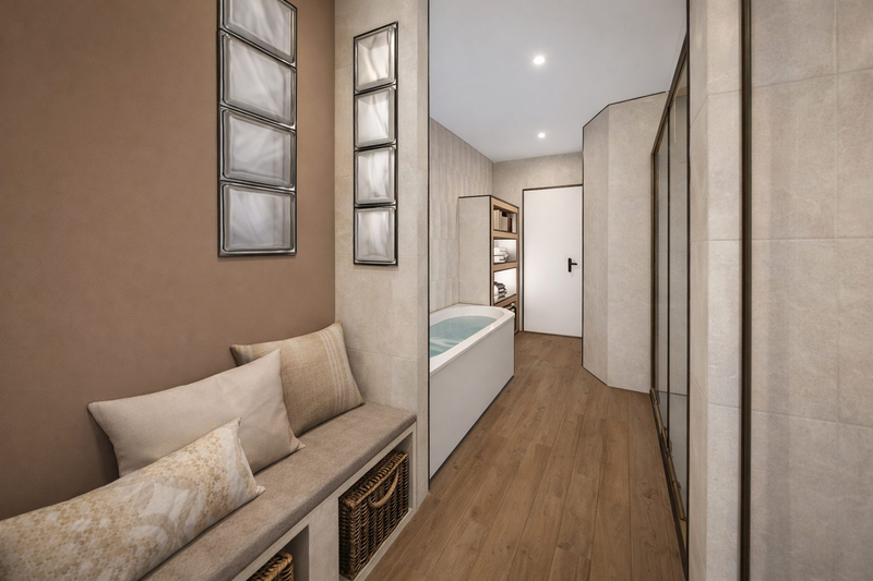 Visualisation 3D d'une salle de bain cocooning avec baignoire îlot et matériaux doux