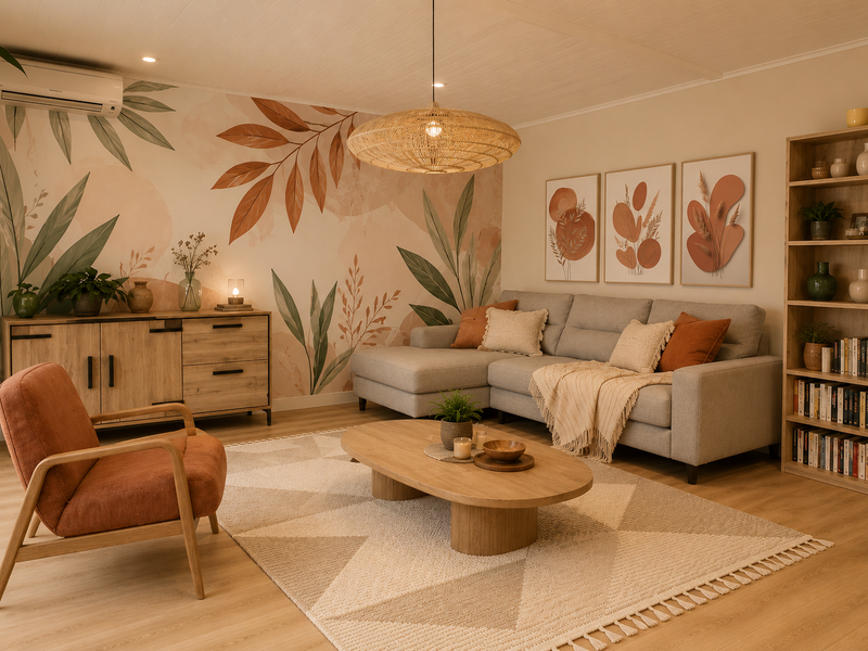 Visualisation 3D d'un séjour contemporain avec canapé d'angle, table basse et éclairage indirect