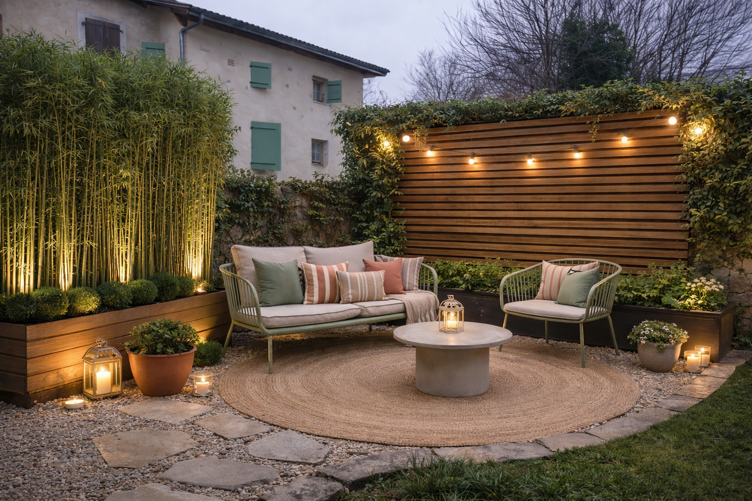 Visualisation 3D d'une terrasse paysagée avec végétation, mobilier outdoor et pergola